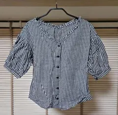 tiptop 半袖 ブラウス ノーカラー ショート丈 ギンガムチェック 黒 Mのサムネイル