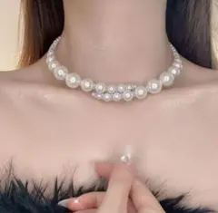 パールチョーカー 2連 韓国風 ネックレス 結婚式 お呼ばれ 上品 高見え ホワ