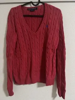 Ralph Lauren Sport 赤 ケーブル編み Vネックセーター