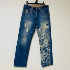 豊天商店 　デニムパンツ Lサイズ 龍 虎　プリント　ダメージ加工 ジーンズのサムネイル