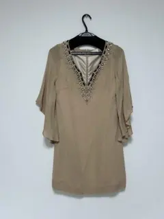 グレースクラス フレアスリーブ 刺繍ワンピ ビジュー シルクドレス