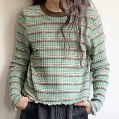 ストライプ柄長袖カットソー（グリーン系）