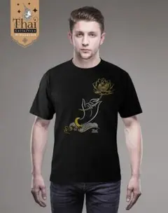 新品✨タイ蓮の花デザインTシャツ XL 黒 綿100% アジアン エスニック