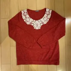 CINEMA CLUB Tシャツカットソー　L レッド　胸元花レース　ハニーズ