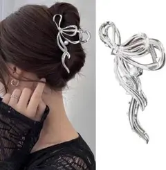 ヘアクリップ ヘアアクセサリー 髪留め 韓国風 シルバーリボン 高級感