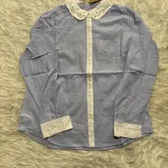 未使用リボン、ループタイ付き、ストライプ長袖シャツブラウス、袖ロールアップ