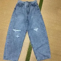 ダメージ加工 ワイドデニムパンツ ブルー L