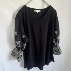 刺繍レース袖 トップス L ネイビー バルーン袖 フレア袖 大人可愛い