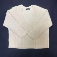 深Vネック ざっくり 畦編み ニットプルオーバー アイボリー ゆったり