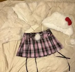チェック柄ミニスカートとファー帽子セット