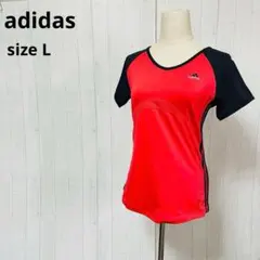 adidas スポーツウェア 半袖 Tシャツ L レディース 赤 黒ロゴa498