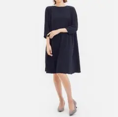 バックプリーツ　ワンピース　7分袖　GU　ネイビー　紺色　S