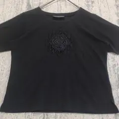 a1062　ティーハウス　半袖ビジュー付きTシャツ　F　ブラック　幾何学模様