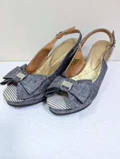 リボン付きオープントゥサンダル ウェッジサンダル