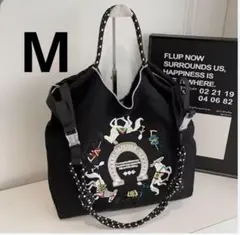 刺繍エコバッグ トートバック 黒 Mサイズ 馬柄 ストラップ付き