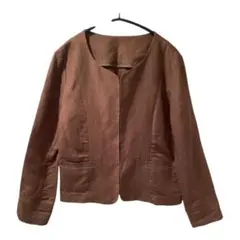 美品✨リネン混 ノーカラージャケット ホック留め ブラウン系 涼しげ 麻 F