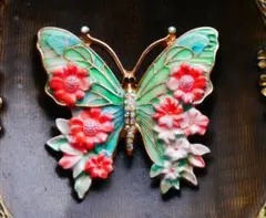 新品アンティーク調エナメル花蝶 ヴィクトリアン ブローチ　エメラルドグリーン系色