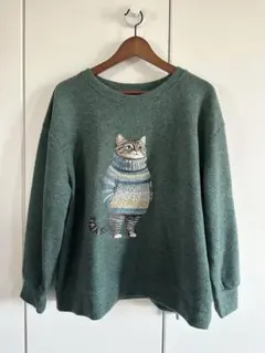 猫柄 フリーストレーナー 　スウェット　モスグリーン 　ネコ　XL