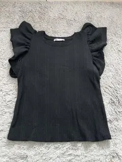 ZARA リブフリルスリーブトップス ブラック Mサイズ