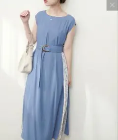 ナチュラルクチュール　サイドプリーツAラインワンピース　ブルー　美品