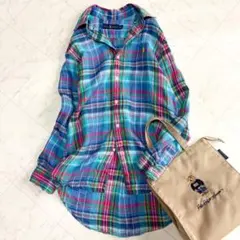 【ラルフローレン】リネンシャツ　マドラスチェック　麻　ポニー刺繍　メンズS　青