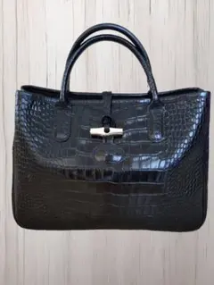 LONGCHAMP ハンドバッグ クロコ型押し ブラックのサムネイル