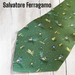 高級シルクSalvatore Ferragamo 緑色 スキー柄 ネクタイ