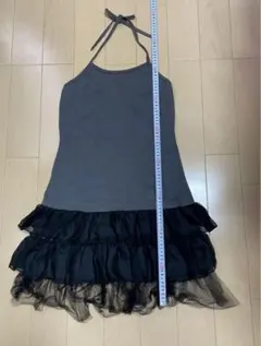 ホルターネックチュールフリルワンピース　グレー&ブラック　M-L