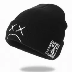 フェイス刺繍 ニット帽 ビーニー ブラック ユニセックス ストリート 新品