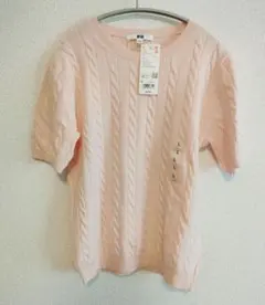 新品タグ付きUNIQLOケーブルクルーネックセーター半袖サイズL　ピンク