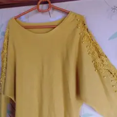 イエロー 五分袖 ニットチュニック