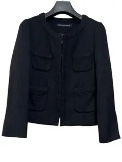 美品　グリーンレーベルリラクシング　ツイードノーカラージャケット　ブラック　36