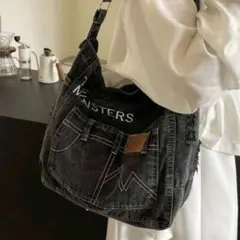 y2k デニムバッグ メッセンジャーバッグ リメイク風 黒 メンズ レディース