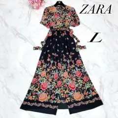 美品　ザラ　カシュクール　フラワープリント　ロングマキシ丈ワンピース　黒　L