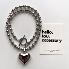 シルバービーズネックレス　ステンレスハートモチーフ