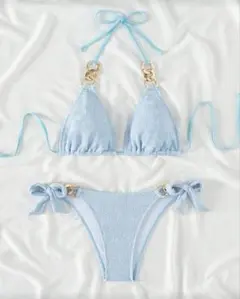 【美品】海外 水着 ビキニ インポート 韓国 水色 ゴールド 三角ビキニ