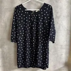 LOWRYS FARM ネイビー ドット柄 半袖ブラウス