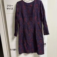 紫と赤の花柄 長袖ひざ丈【ワンピース】 取外し可能な肩パッド フリーサイズ