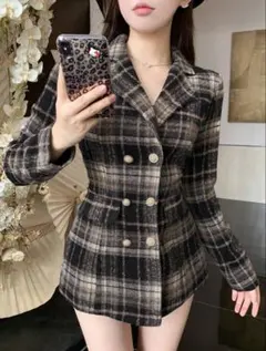 ツイード風チェックジャケット 韓国 上品 細見え ウエストマーク