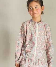 ペアマノン★裾フリル長袖ラッシュガード130アイボリーフラワー★女の子水着プール