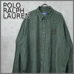古着 90s ポロ ラルフローレン 刺繍 チェック柄 シャツ カーキグリーン