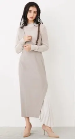 rienda ベージュ アシンメトリーワンピース プリーツ切替デザイン