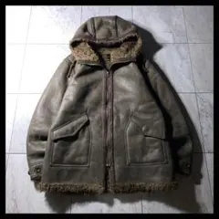 00s フェイクレザー ファー ムートンジャケット パーカー カーキ Y2K