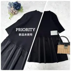 新品タグ付き⭐︎PRIORITY ペプラム　違素材ドッキング　サマーニット　黒のサムネイル