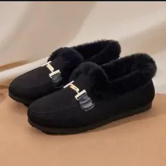 ブーツ　ショートブーツ　モカシン　ファー　23.5cm　ブラック　暖かい　新品