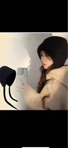 ☆【未使用】☆ 紐付きニット帽 黒　フード