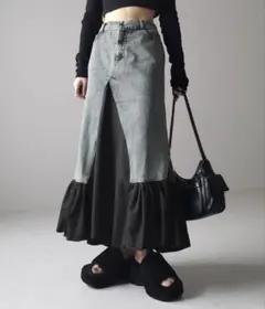 me+em select 異素材ドッキングスリットロングデニムスカート　ブラック