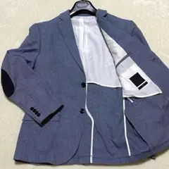 【美品✨】H&M テーラードジャケット エルボーパッチ チェック柄 青系 L相当
