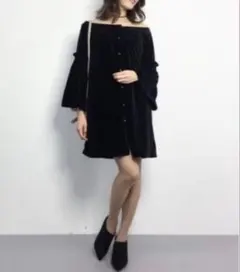 リリーブラウン オフショル ベロア ワンピース ネイビー フレアスリーブ F