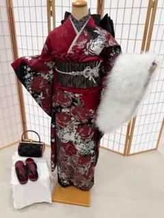 Ashy 振袖 フルセット 花柄 黒 赤 成人式 - メルカリ